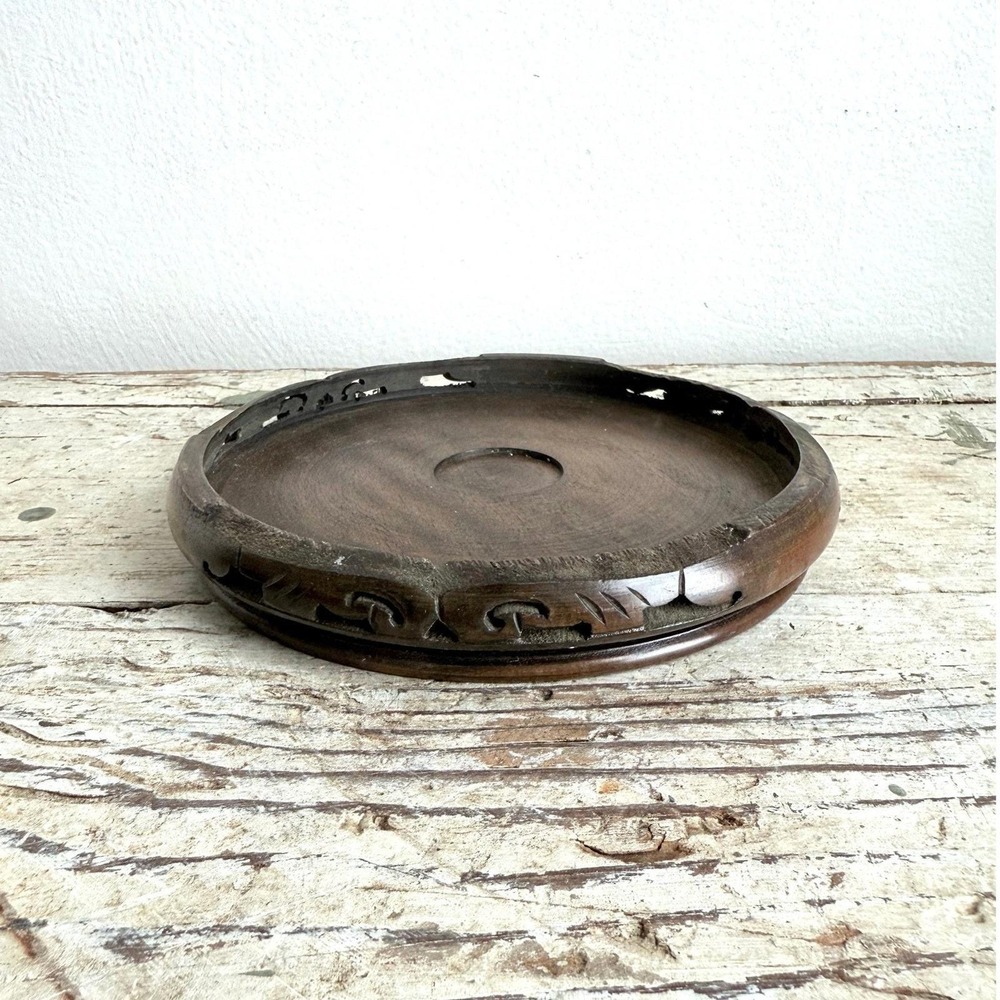 Vintage Asian 6.5" Round Carved Wood Vase Bowl Display Stand One Piece